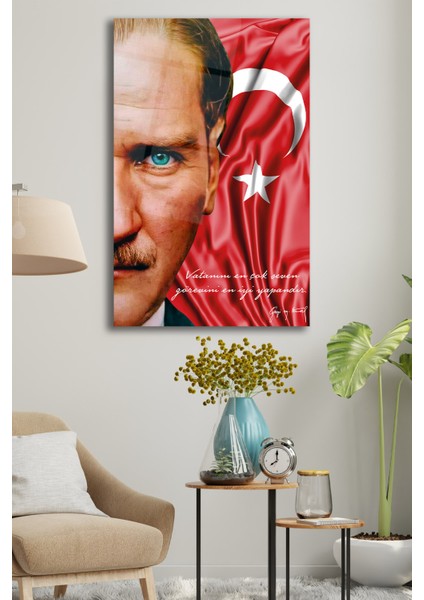 Atatürk Portre Türk Bayrağı Cam Tablo, " Vatanını En Çok Seven " Kurum Ofis Duvar Dekoru ,hediyelik