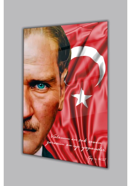 Atatürk Portre Türk Bayrağı Cam Tablo, " Vatanını En Çok Seven " Kurum Ofis Duvar Dekoru ,hediyelik