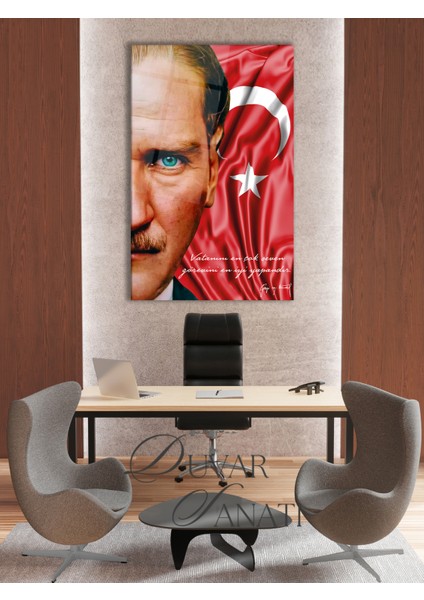 Atatürk Portre Türk Bayrağı Cam Tablo, " Vatanını En Çok Seven " Kurum Ofis Duvar Dekoru ,hediyelik