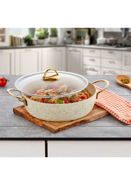 32 cm Cream Ezme Seri Basık Tencere, Non-Stick Pilav Karnıyarık Tenceresi 4,7 Lt (Çelik Kulp)