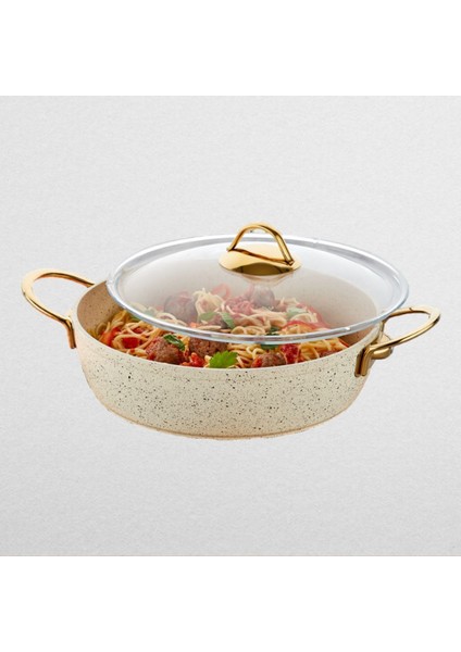 32 cm Cream Ezme Seri Basık Tencere, Non-Stick Pilav Karnıyarık Tenceresi 4,7 Lt (Çelik Kulp)