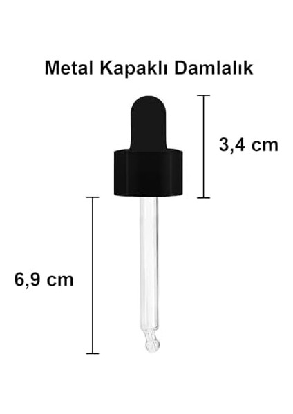 50 ml Metal Kapaklı Damlalık Dropper Şişesi Serum 50 cc Cam Şişe 6 Adet (Siyah Kapak, Şeffaf)