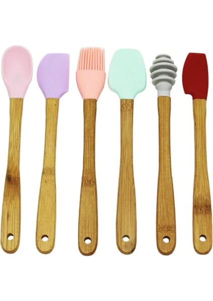 Ahşap Servis Seti - 6 Parça Spatula, Kaşık, Krema ve Bal Kaşığı, Yanmaz Silikon Uçlu Ahşap Saplı Mutfak Aksesuarları