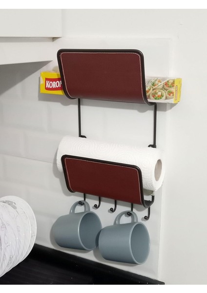 Homi Mutfak Streç Film,kağıt Havlu,kupa,kepçe Düzenleyici Raf Vegan Deri Kaplamalı 19 x 37 x 8 cm