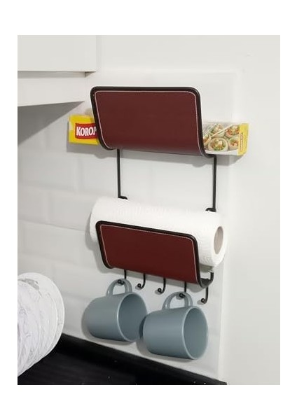 Homi Mutfak Streç Film,kağıt Havlu,kupa,kepçe Düzenleyici Raf Vegan Deri Kaplamalı 19 x 37 x 8 cm fiyatları