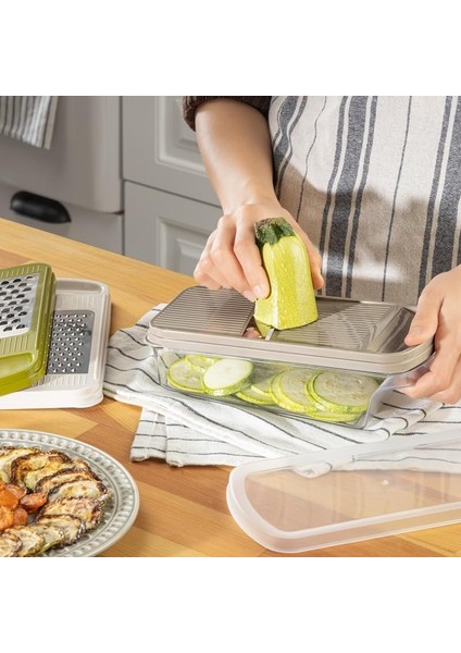 Home 3 Bıçaklı Yatay Rende, Rondo Rondoğrayıcı, Saklama Kabı Hazneli Kapaklı Plastik Rende, Çok Fonksiyonlu Mutfak Aleti, Sebze ve Meyveler Için Etkili Doğrama ve Rendeleme