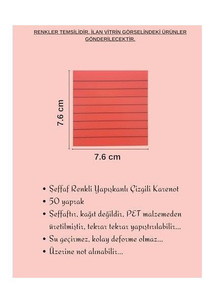 Şeffaf Renkli Yapışkanlı Not Kağıdı Çizgili Karenot (Pembe 5)