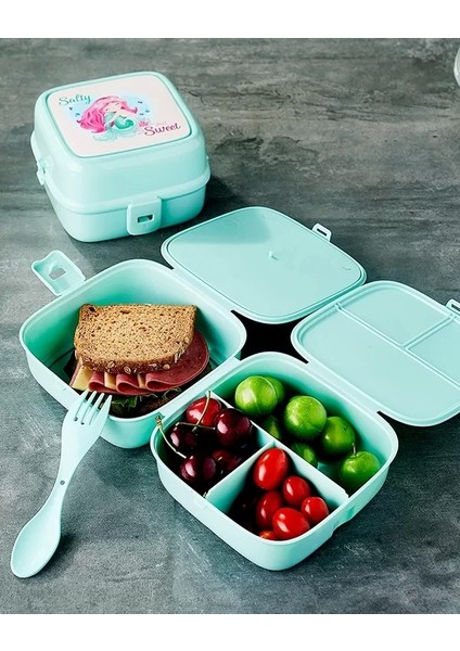 4 Bölmeli Çatallı Beslenme Kabı - Diyet Kabı Karışık Renklerdedir