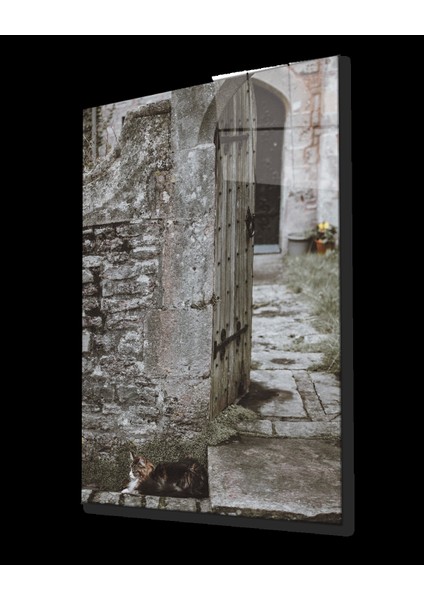 - Taş Duvarlar ve Ahşap Kapı Görselli Dikey Cam Tablo fiyatları