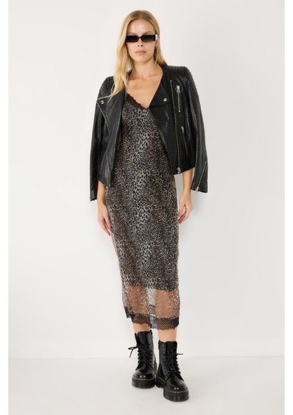 Leopar Desenli Midi Elbise