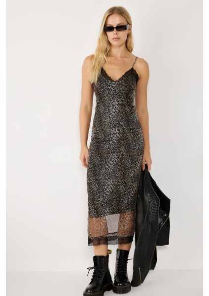 Leopar Desenli Midi Elbise