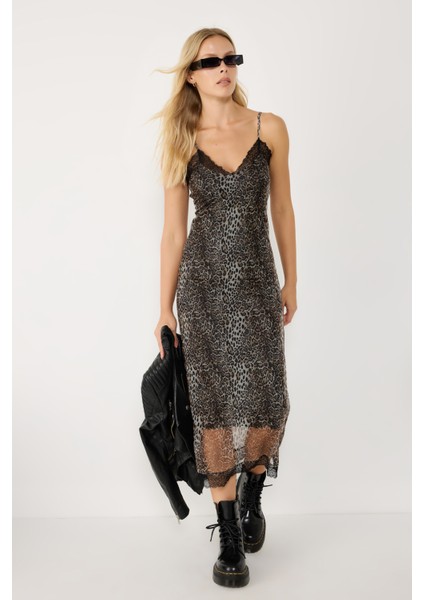 Leopar Desenli Midi Elbise