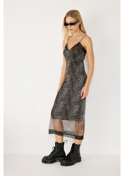 Leopar Desenli Midi Elbise