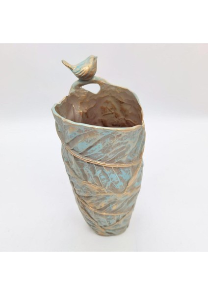 Dekoratif Kuşlu Yaprak Vazo Yeşil-Gold 30 cm Kermanhome1