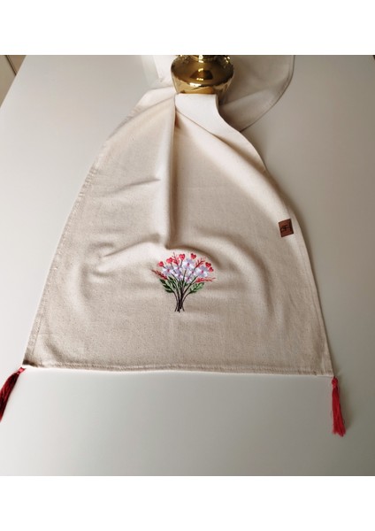 Buldan Ham Keten Püsküllü Otantik Yumuşacık Nakışlı 45X145 cm Runner