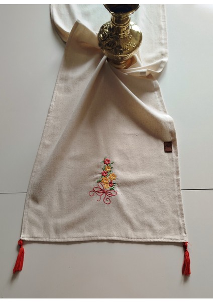 Buldan Ham Keten Püsküllü Otantik Yumuşacık Nakışlı 45X145 cm Runner