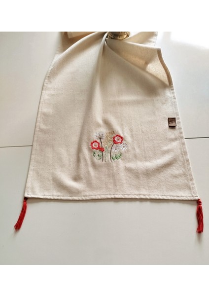 Buldan Ham Keten Püsküllü Otantik Yumuşacık Nakışlı 45X145 cm Runner