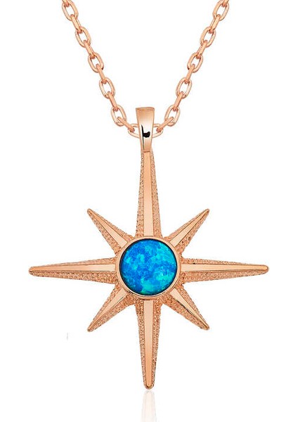 Gümüş Rose Mavi Opal Taşlı Kutup Yıldızı Kolye