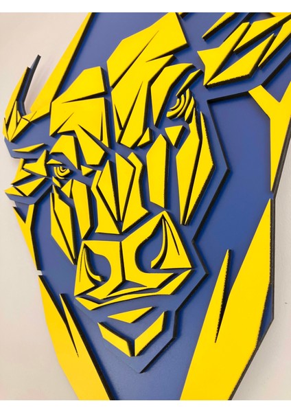 El Yapımı Geometrik Boğa Portresi - Hediyelik Dekoratif Duvar Tablosu Sarı Lacivert 58X46 cm fiyatları