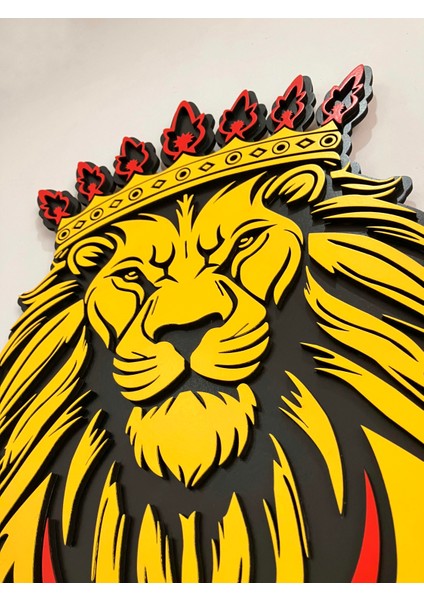 El Yapımı Asil Aslan Portresi - Hediyelik Dekoratif Duvar Tablosu Sarı Kırmızı 59X42 cm