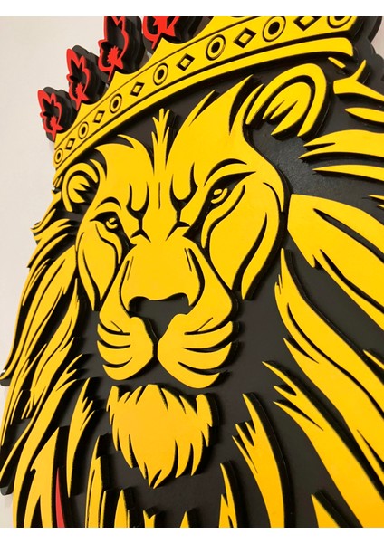 El Yapımı Asil Aslan Portresi - Hediyelik Dekoratif Duvar Tablosu Sarı Kırmızı 59X42 cm
