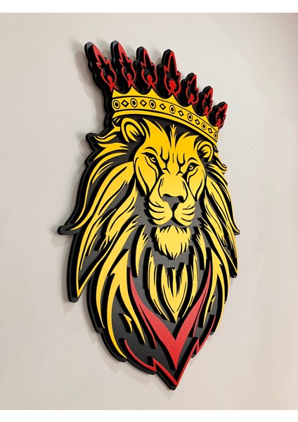 El Yapımı Asil Aslan Portresi - Hediyelik Dekoratif Duvar Tablosu Sarı Kırmızı 59X42 cm