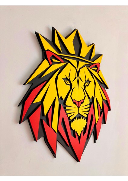 El Yapımı Geometrik Aslan Portresi - Hediyelik Dekoratif Duvar Tablosu Sarı Kırmızı 50X45 cm modelleri