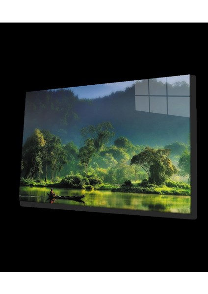 - Göl Orman Manzara Yeşil Cam Tablo