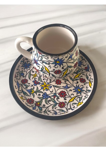 Dekoratif Çini Tasarım, Lale ve Karanfil Işlemeli Çay Kahve Fincanı Seti 1 Kişilik