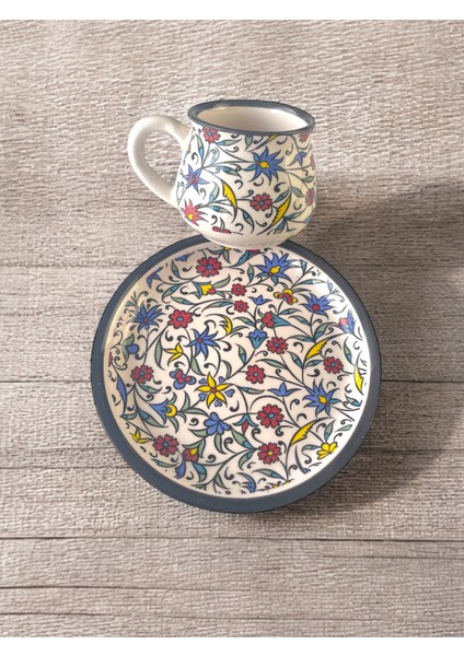 Dekoratif Çini Tasarım, Lale ve Karanfil Işlemeli Çay Kahve Fincanı Seti 1 Kişilik