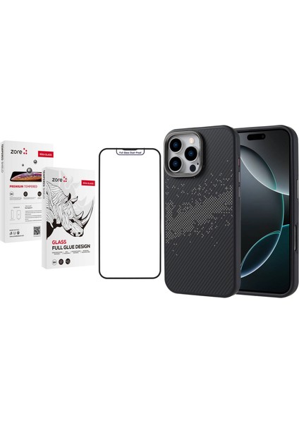 iPhone 16 Pro Max Kılıf Magsafe Şarj Özellikli Karbon Fiber Tasarımlı Zore Vave Kapak + Rika Premium Temperli Cam Ekran Koruyucu