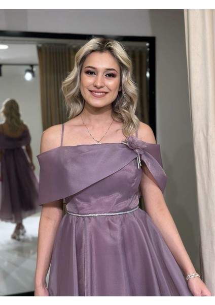 Kayık Yaka Midi Boy Beli Taşlı Yeni Sezon Abiye Elbise PY5851 5851 indirimleri
