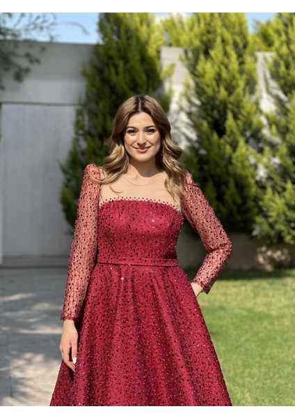 Midi Uzun Kollu Prenses Pul Işlemeli Göğsü Transparan Abiye Elbise EN5209