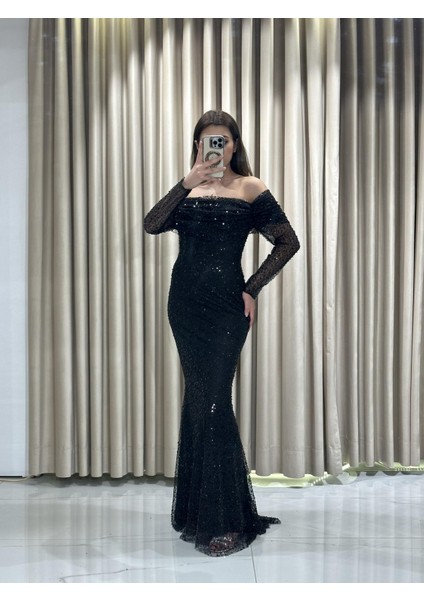 Siyah Uzun Kollu Pul Payetli Önü Detaylı Balık Abiye Elbise GS7570