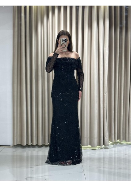 Siyah Uzun Kollu Pul Payetli Önü Detaylı Balık Abiye Elbise GS7570 fiyatları