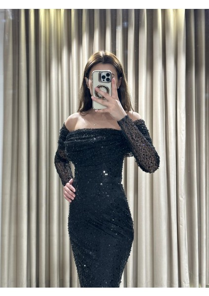 Siyah Uzun Kollu Pul Payetli Önü Detaylı Balık Abiye Elbise GS7570 modelleri