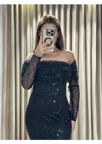 Siyah Uzun Kollu Pul Payetli Önü Detaylı Balık Abiye Elbise GS7570 fırsatları