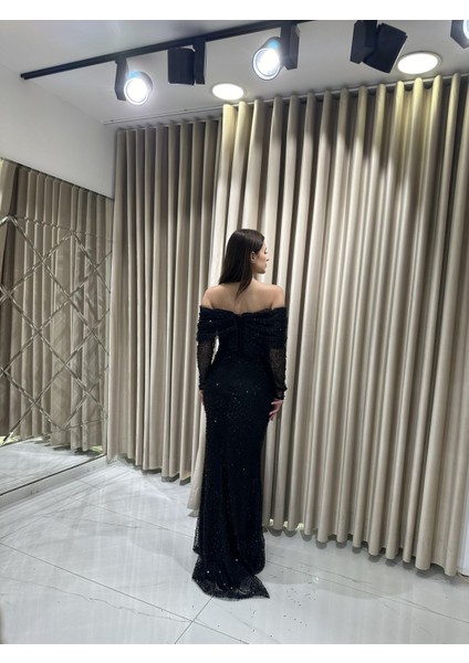 Siyah Uzun Kollu Pul Payetli Önü Detaylı Balık Abiye Elbise GS7570 indirimleri