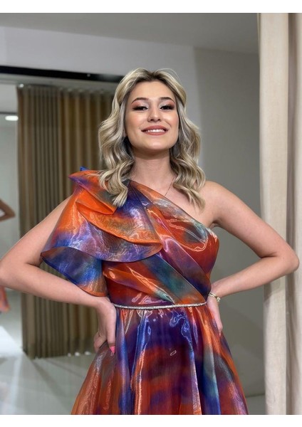 Tek Omuz Midi Boy Renkli Yeni Sezon Abiye Elbise PY5865 5865