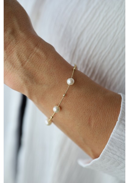 14 Ayar Altın Dorika Top Detaylı Inci Dizisi Bileklik