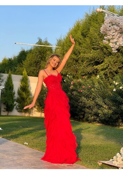 Kırmızı İp Askılı Beli Korse Eteği Damla Model Abiye Gs6400 6400