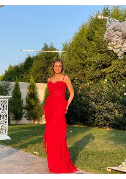 Kırmızı İp Askılı Beli Korse Eteği Damla Model Abiye Gs6400 6400 fiyatları