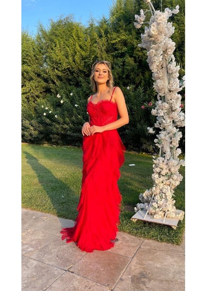 Kırmızı İp Askılı Beli Korse Eteği Damla Model Abiye Gs6400 6400 modelleri