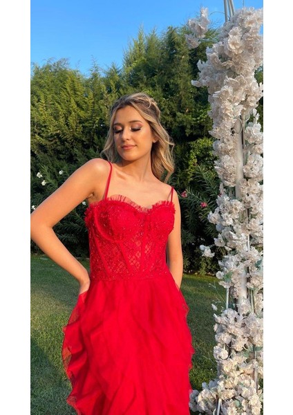 Kırmızı İp Askılı Beli Korse Eteği Damla Model Abiye Gs6400 6400 fırsatları