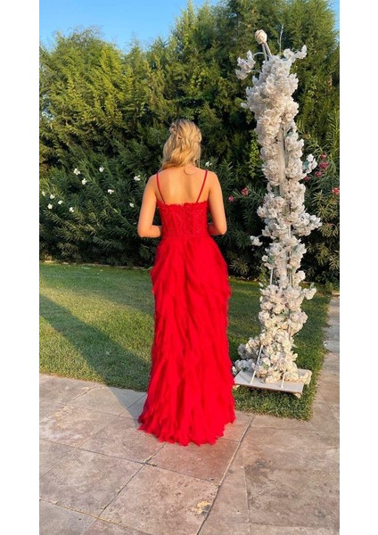 Kırmızı İp Askılı Beli Korse Eteği Damla Model Abiye Gs6400 6400 indirimleri