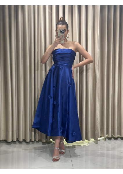 Önü Drapeli Uçuş Model Eteği Çiçek Detaylı Prenses Model Abiye Elbise HT5229