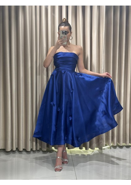 Önü Drapeli Uçuş Model Eteği Çiçek Detaylı Prenses Model Abiye Elbise HT5229