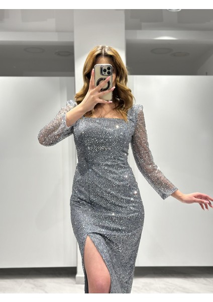 ANTRESİT Midi Boy Kare Yaka Uzun Kollu Pul Payet İşlemeli Abiye Elbise APN993 fiyatları