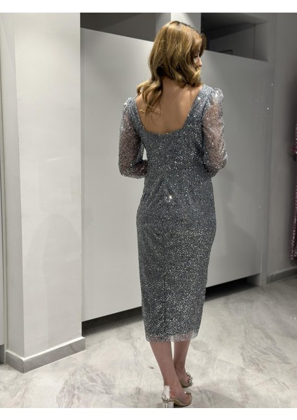 ANTRESİT Midi Boy Kare Yaka Uzun Kollu Pul Payet İşlemeli Abiye Elbise APN993 indirimleri