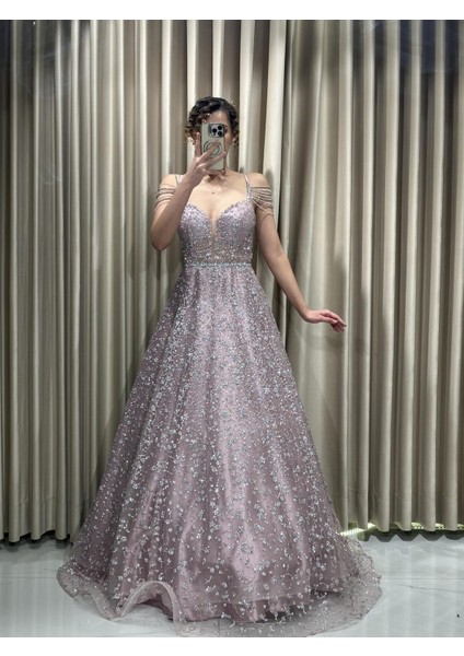 Pudra İp Askılı V Yaka Kolu Taşlı Simli Prenses Abiye Elbise HV668